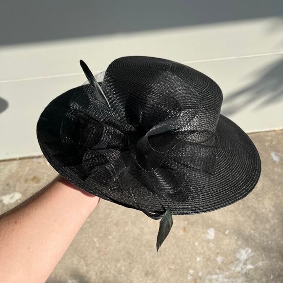 VTG Black Wide Brim Hat Mesh & Feather Trim Formal Church Derby Tea - Picture 3 of 12